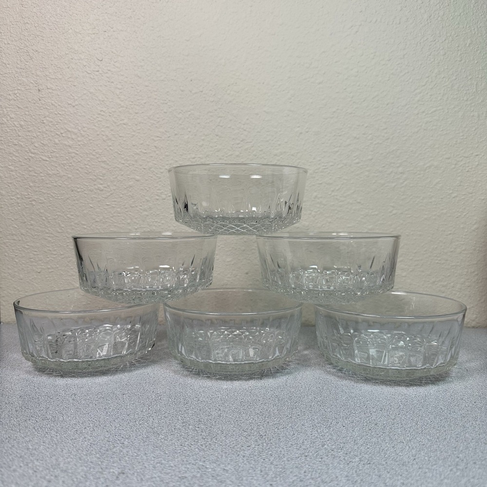 Set of 6 Vintage ARCOROC FRANCE Starburst Diamond Pattern Clear Glass 5" Bowls - Picture 2 of 9